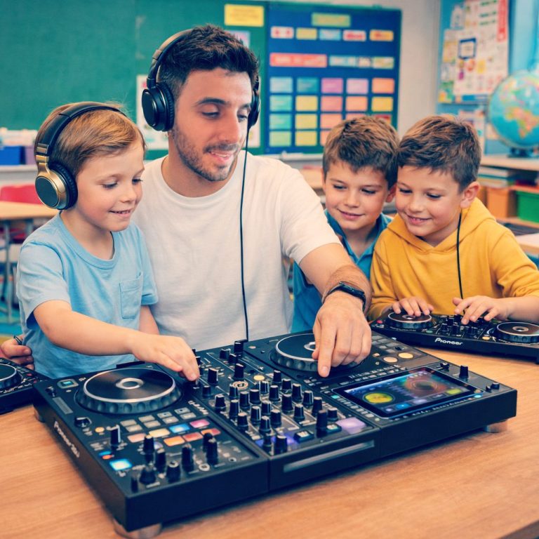 Un insegnante mostra a bambini come usare una console DJ in aula.